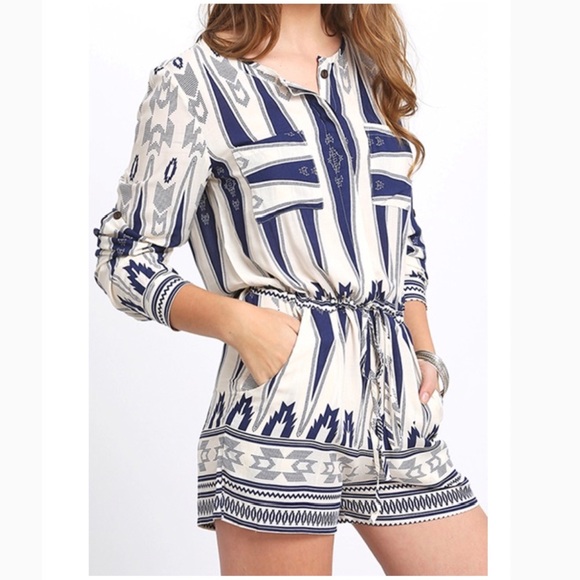 Pants - Navy White Pattern Romper